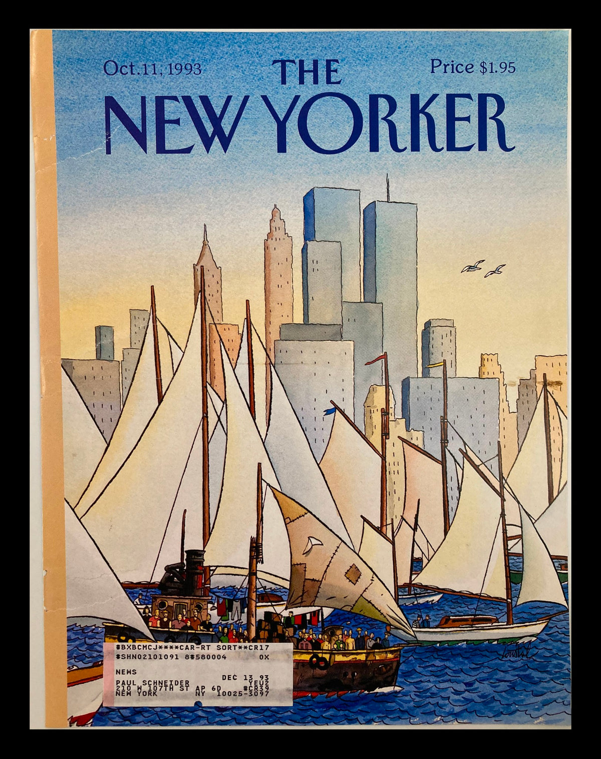 Cover of The New Yorker dated October 11, 1993, featuring the artwork 'Back in the New World' by J. de Loustal, depicting a vibrant harbor scene with sailboats and city skyline in the background.