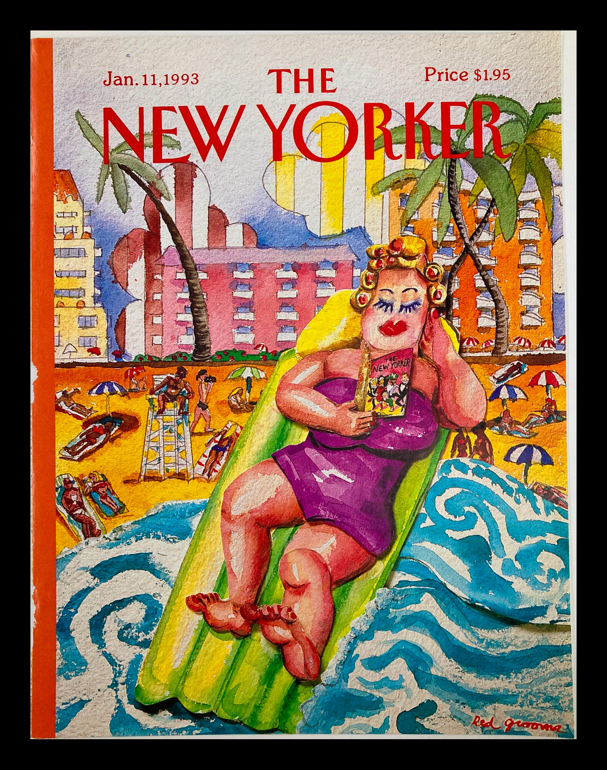 Cover of The New Yorker magazine dated January 11, 1993 titled 'Tidal Waves' by Red Grooms. The illustration features a vibrant beach scene with a woman lounging on a green float, surrounded by sunbathers and palm trees.