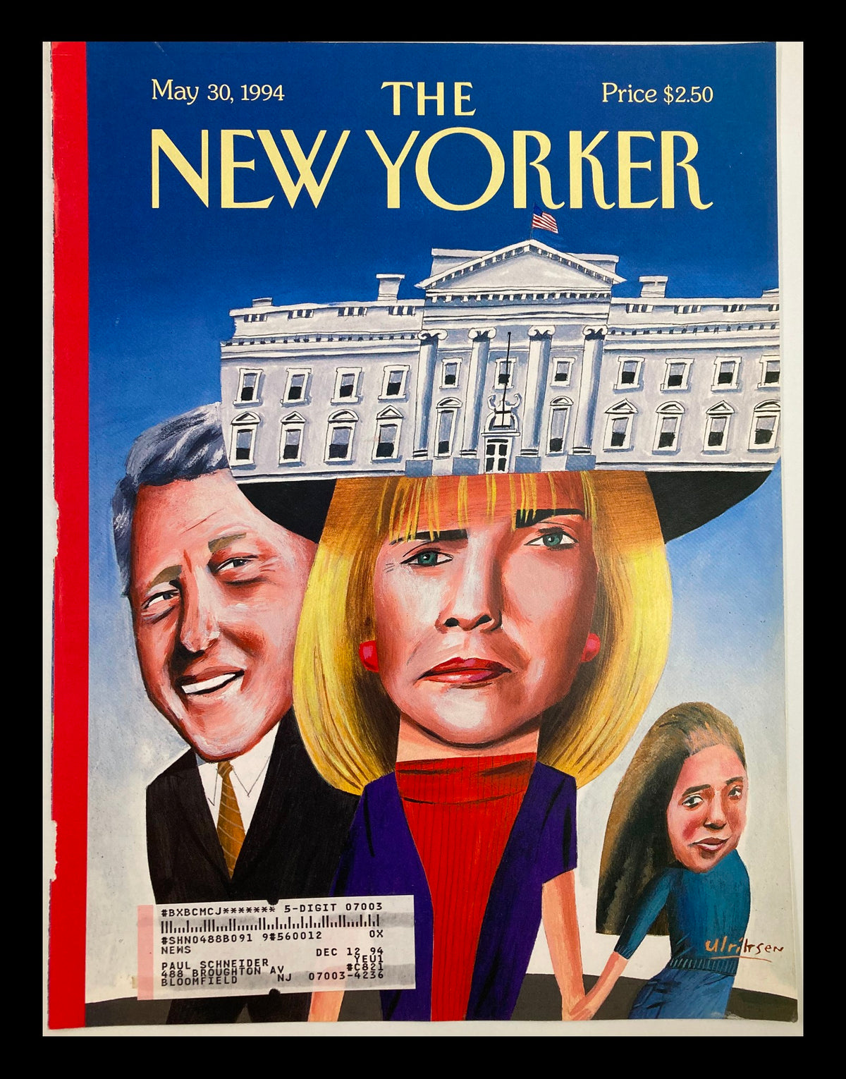 Cover of The New Yorker dated May 30, 1994, featuring an illustration of The Clintons by Mark Ulriksen. The cover showcases a caricature-style depiction of Bill Clinton, Hillary Clinton, and Chelsea Clinton in front of the White House, capturing a moment in mid-90s American political culture.