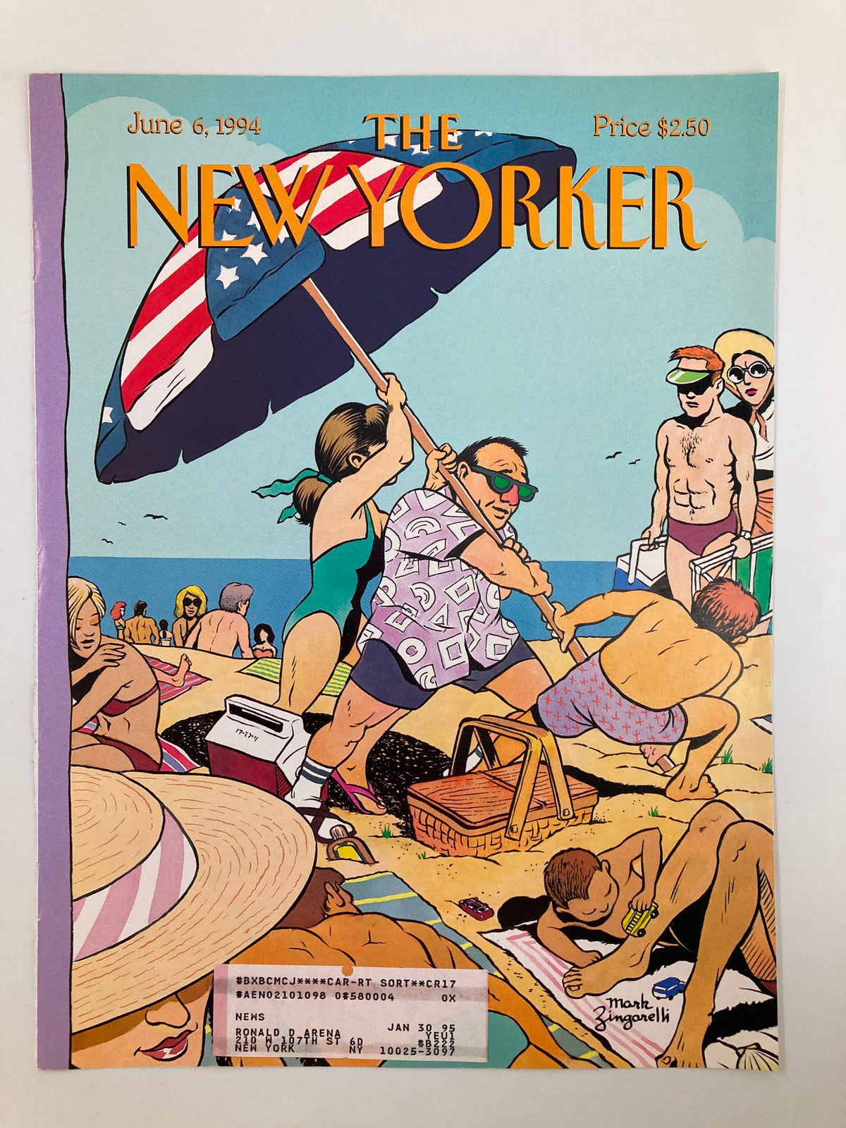 Cover artwork for The New Yorker dated June 6, 1994, showcasing a vibrant beach scene illustrated by Mark Zingarelli, featuring various beachgoers celebrating Memorial Day.