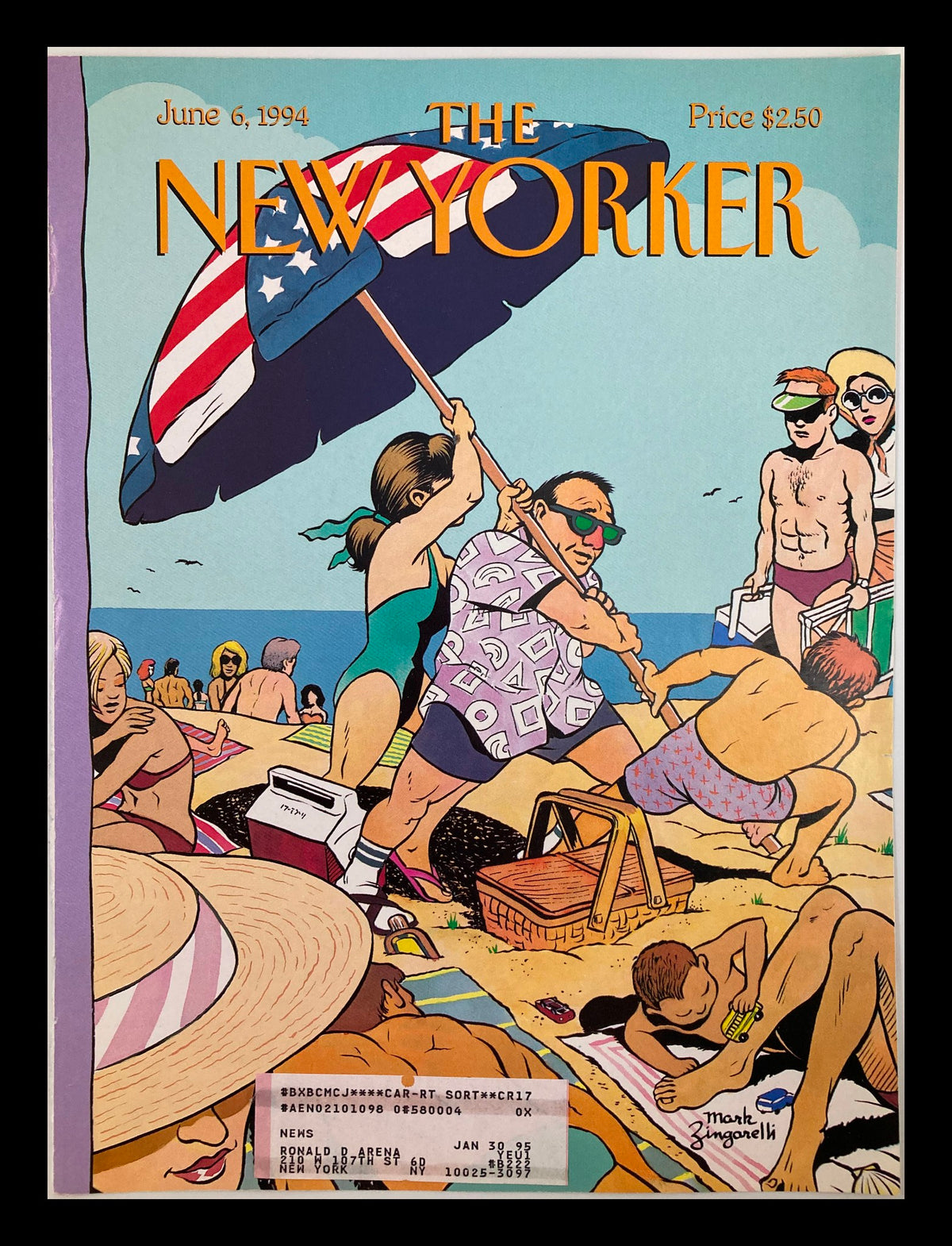 Cover of The New Yorker magazine from June 6, 1994, featuring an illustration by Mark Zingarelli depicting a beach scene with a group of people enjoying Memorial Day, under a large umbrella bearing the American flag.
