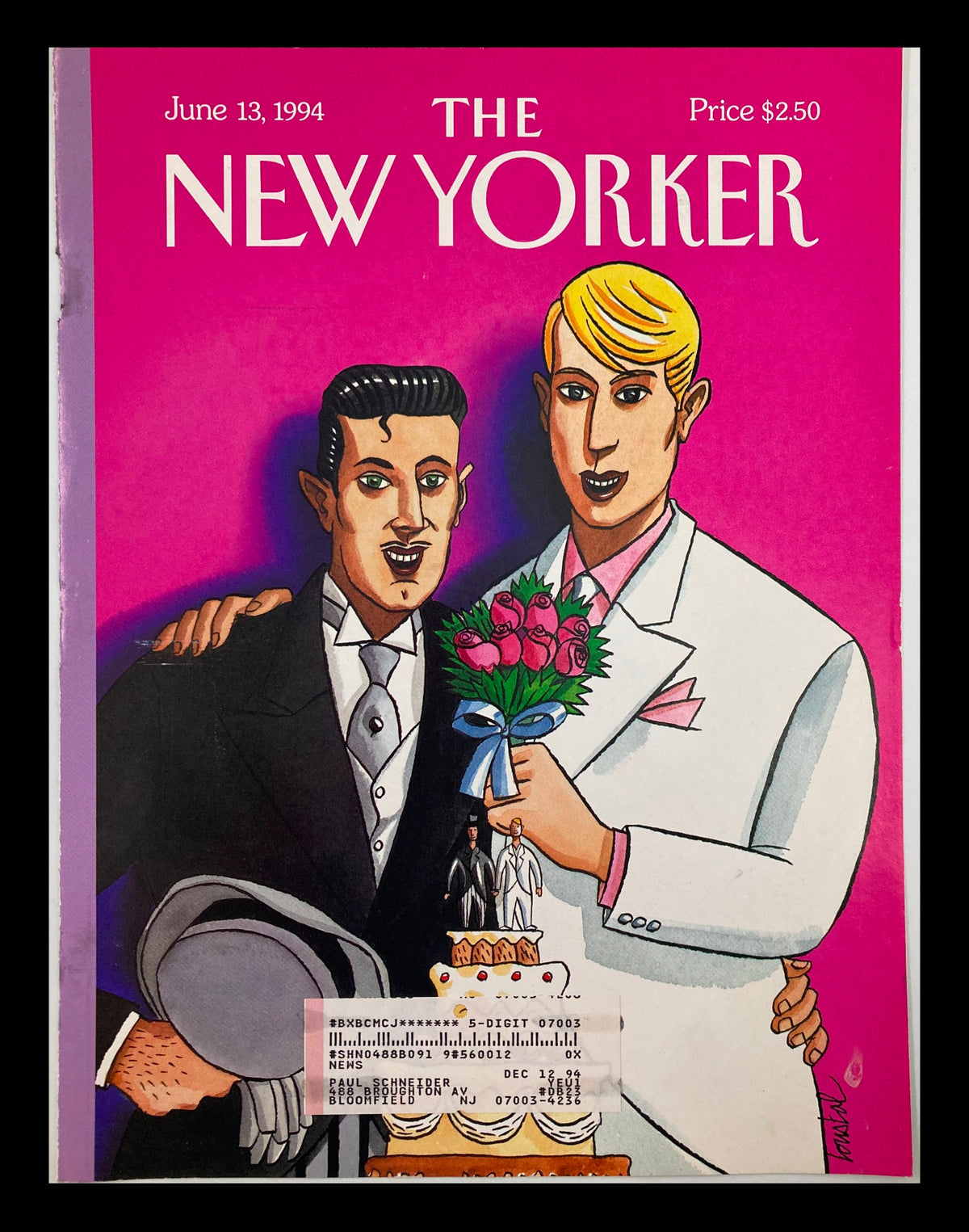 COVER ONLY The New Yorker June 13 1994 featuring a vibrant illustration by Jacques de Loustal, depicting two grooms holding a bouquet and wedding cake, reflecting the artistic charm and humor of vintage magazine covers.