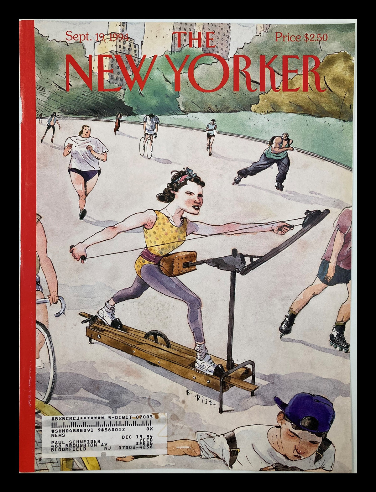 Cover of The New Yorker dated September 19, 1994, titled 'On Track' by Barry Blitt. The illustration depicts various figures engaging in outdoor activities, with a focus on a woman using a unique exercise contraption.