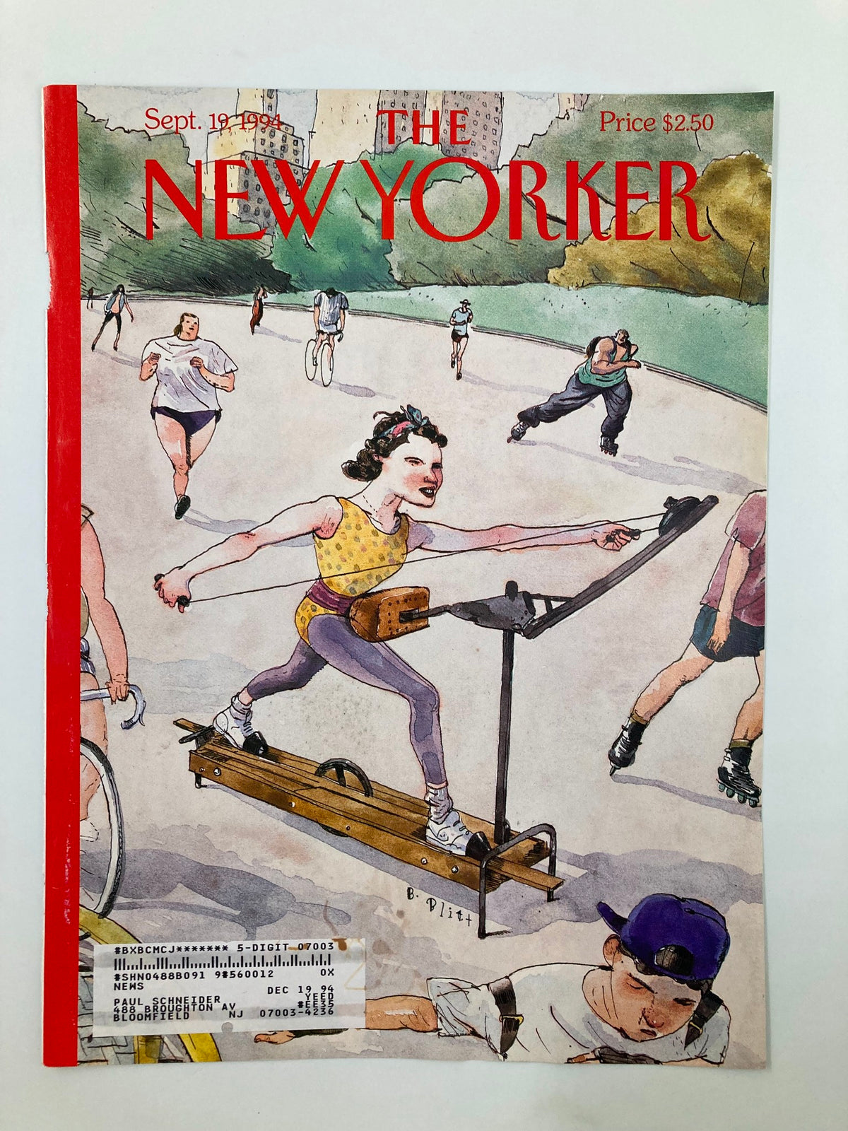 Cover of The New Yorker dated September 19, 1994, titled 'On Track' by Barry Blitt, showcasing an illustrated scene of people participating in recreational activities, highlighting a woman on a distinctive exercise machine.