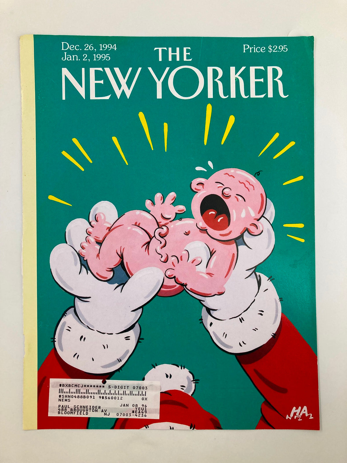 Cover of The New Yorker December 26 1994 titled 'Happy New Year' by HA Zoell, featuring a festive illustration of Santa Claus holding a crying baby, highlighted by vibrant colors and playful design.