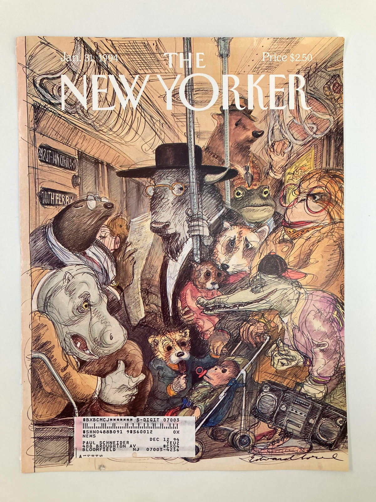 Cover of The New Yorker January 31, 1994 titled 'Crush Hour' by Edward Sorel, showcasing a whimsical depiction of various animals commuting in a subway.