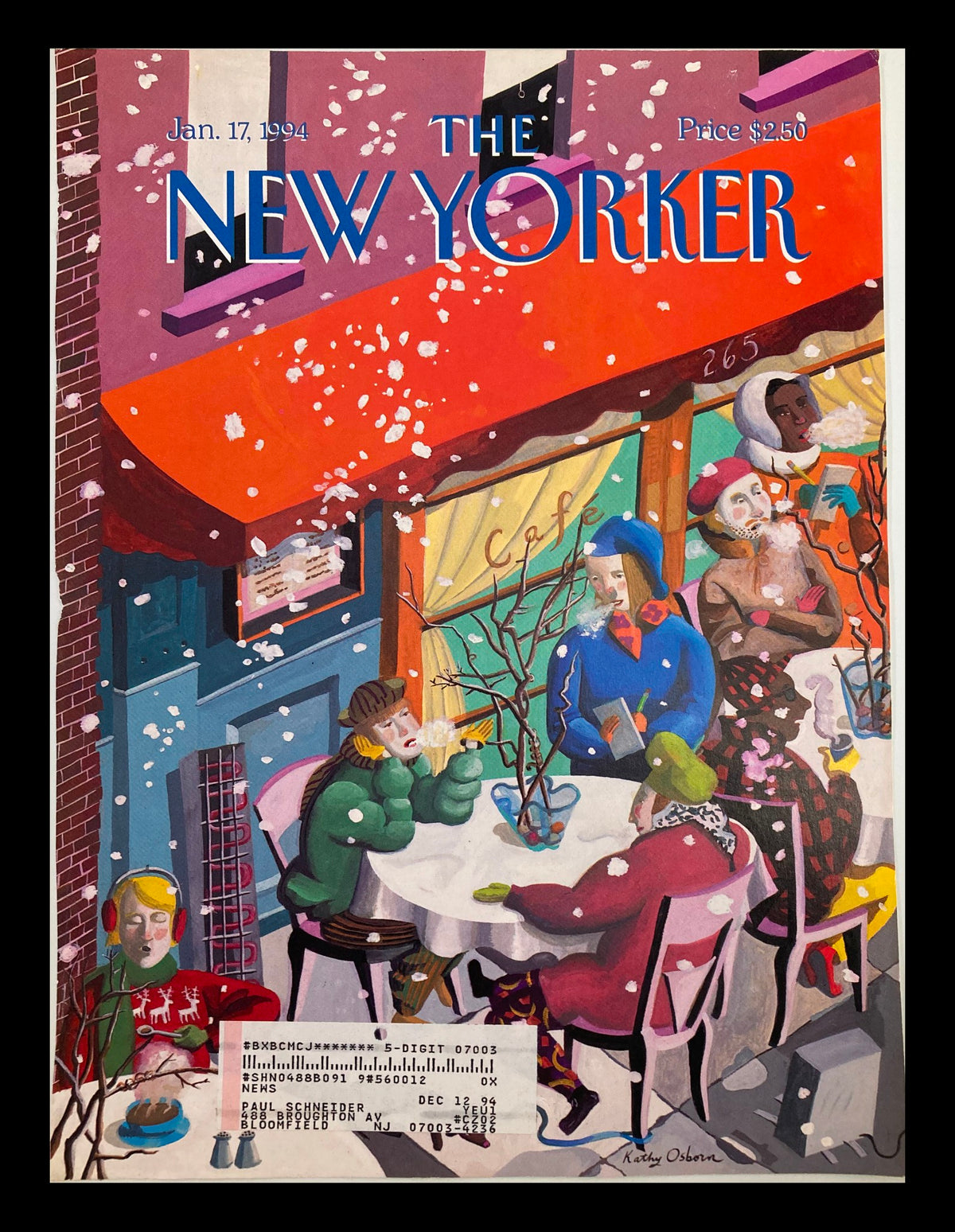 The New Yorker January 17 1994 cover featuring 'The Diehard Cafe' by Kathy Osborn, depicting a cozy café scene with patrons enjoying their time while snow falls around them.