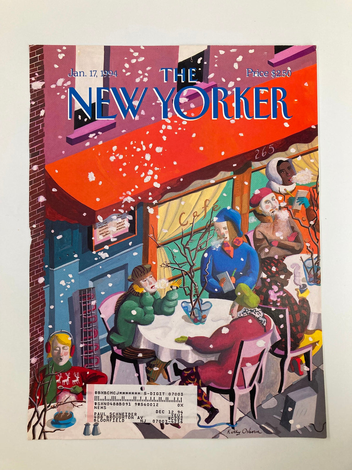 The New Yorker January 17 1994 cover, showcasing 'The Diehard Cafe' artwork by Kathy Osborn, illustrating a vibrant winter café atmosphere with diverse characters seated at tables.
