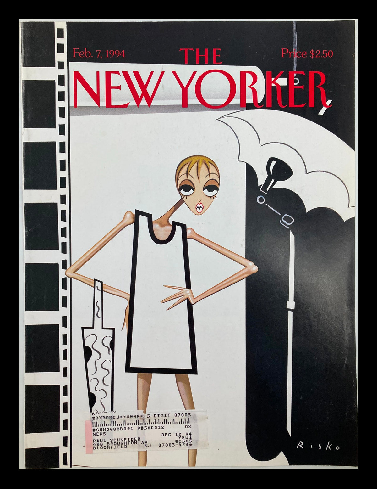 Cover of The New Yorker dated February 7, 1994, titled 'The Look' by Robert Risko, featuring a stylized illustration of a woman with an umbrella.