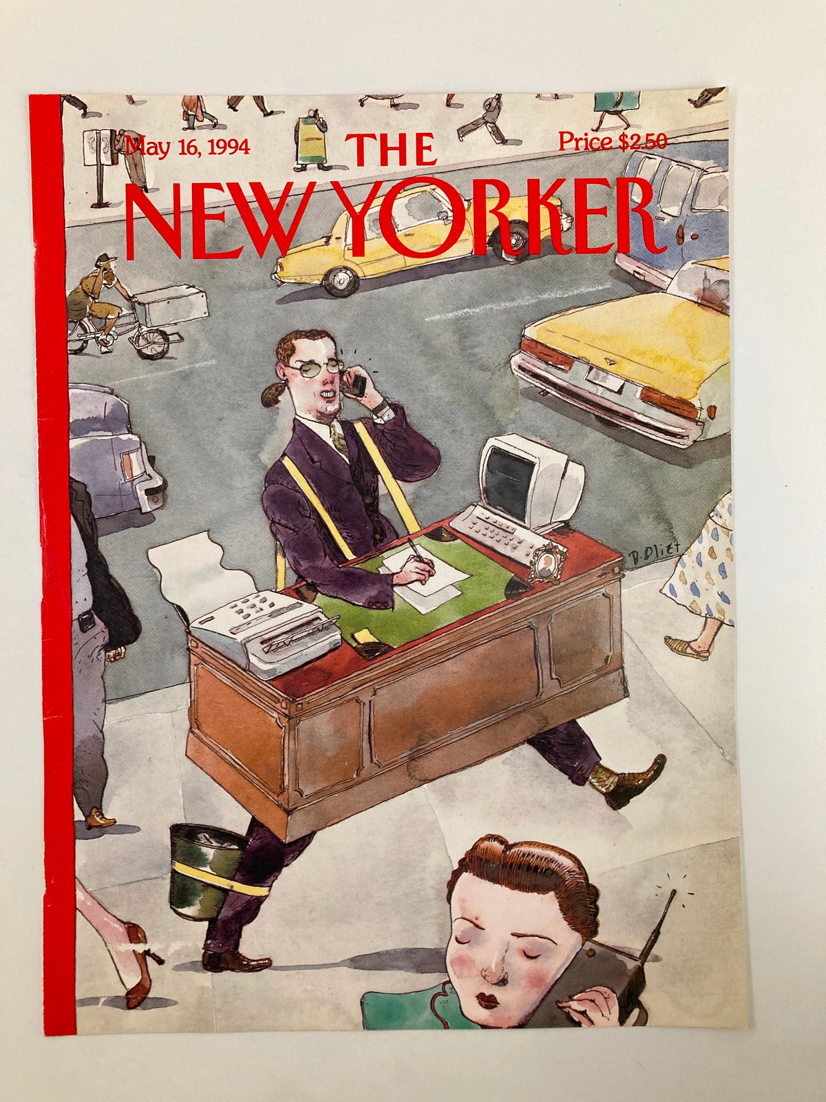 The New Yorker cover dated May 16, 1994, titled 'Upwardly Mobile' by Barry Blitt, displaying vibrant artwork of a businessman on the go with a desk, set against a busy urban backdrop.