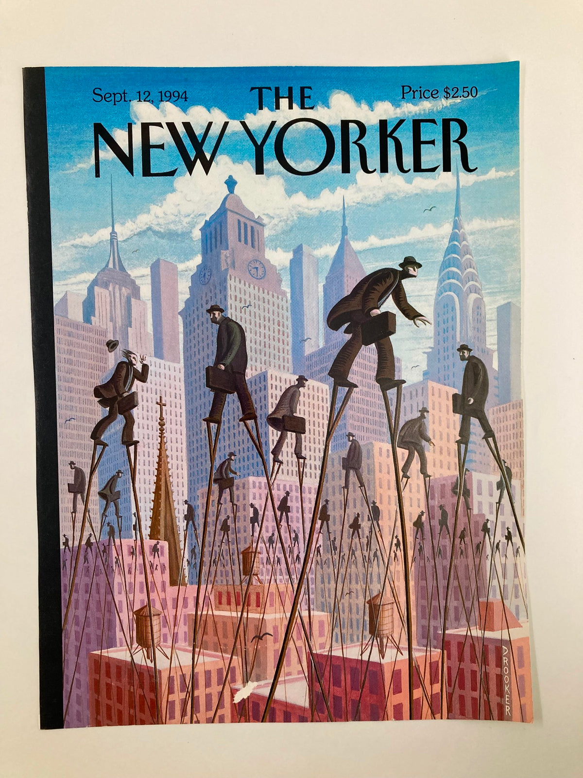The New Yorker Magazine cover from September 12, 1994, titled 'Life at the Top' by Eric Drooker, depicting stylized figures on stilts above a vibrant urban skyline.