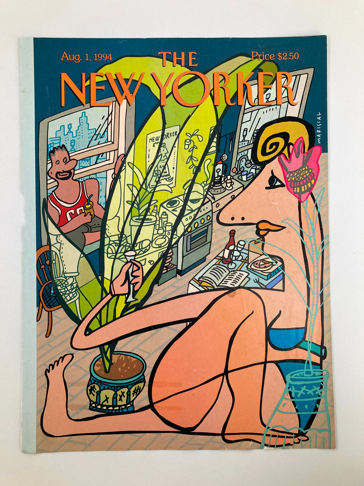 Close-up view of The New Yorker magazine cover dated August 1, 1994, titled 'Loft Life' by Javier Mariscal, showcasing detailed illustrations of a woman, plants, and a lively interior scene.