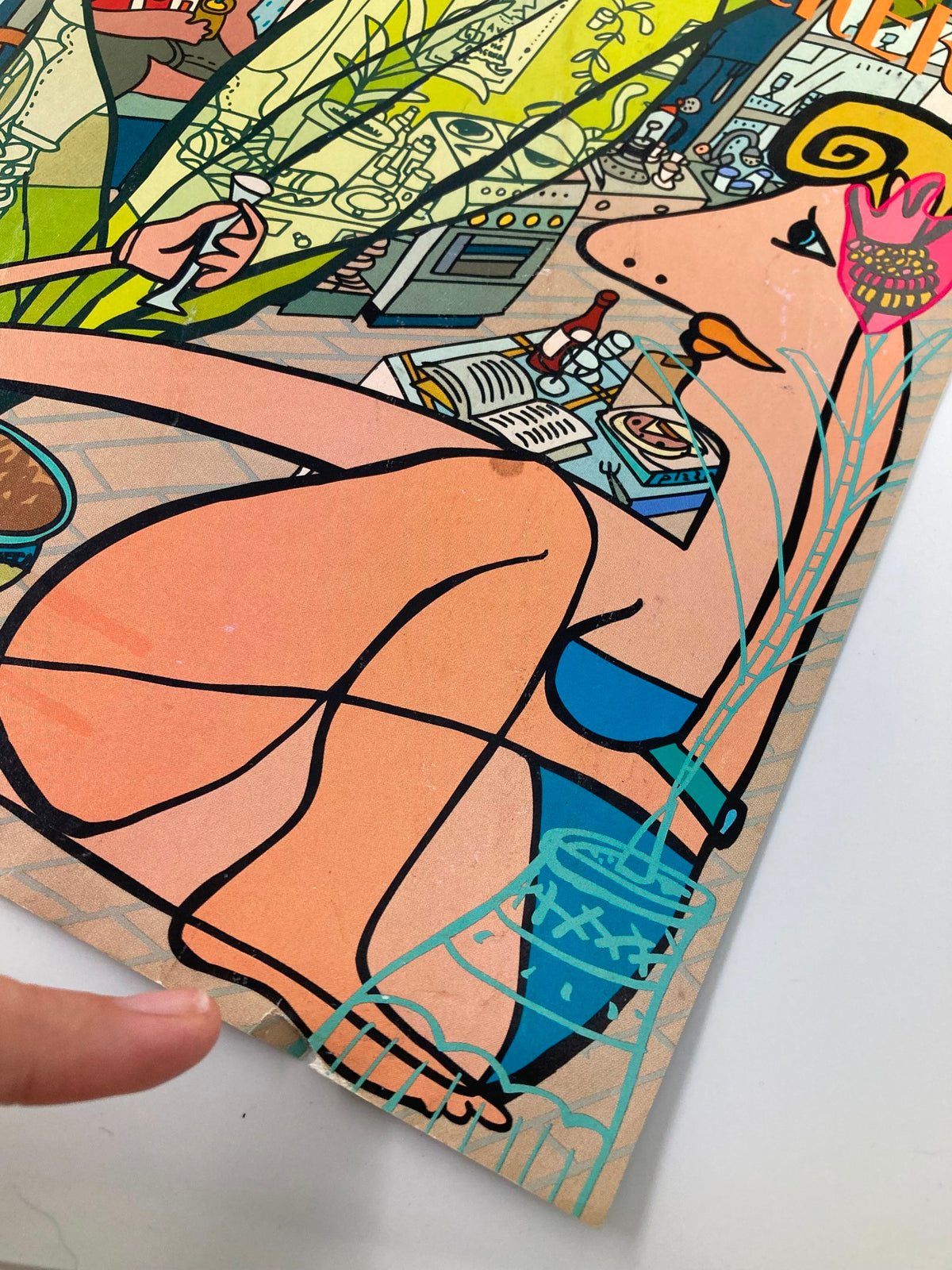Detail of The New Yorker magazine cover from August 1, 1994, called 'Loft Life' by Javier Mariscal, highlighting a woman's figure alongside colorful houseplants in a whimsical kitchen environment.