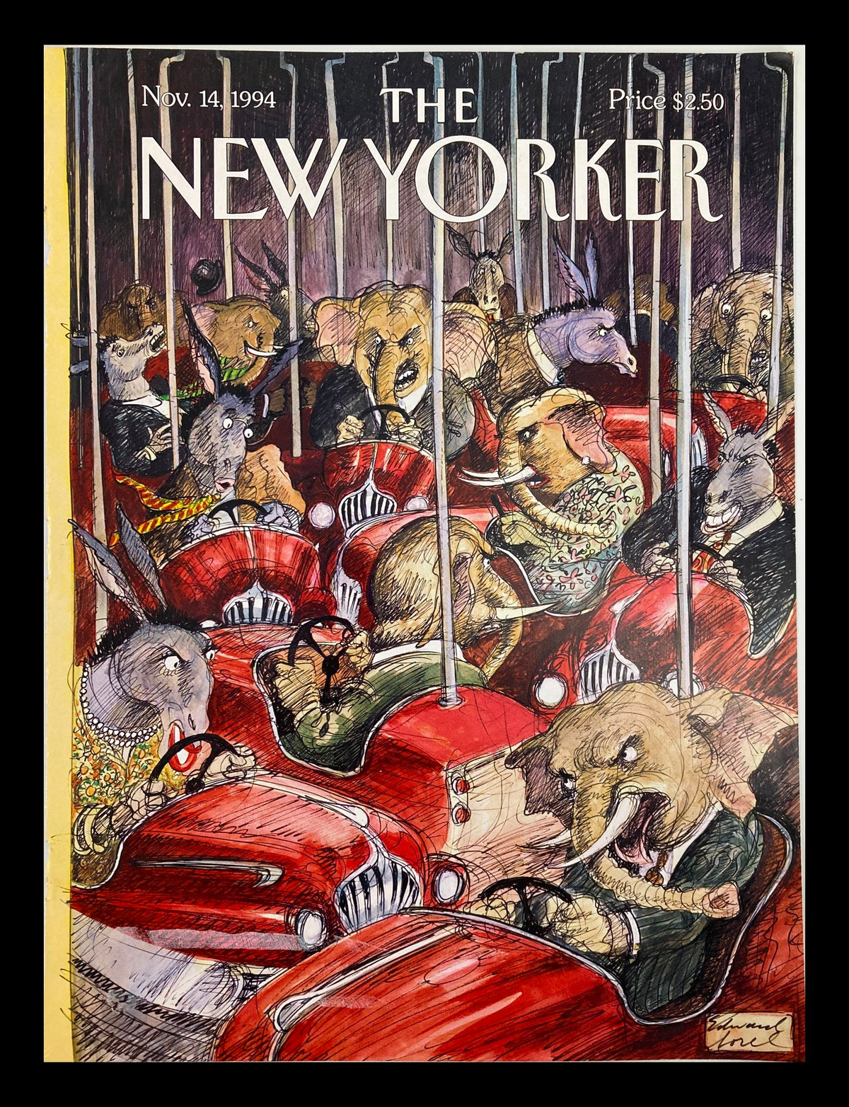 Cover of The New Yorker, November 14, 1994, titled 'The Arena' by Edward Sorel, depicting humorous animal characters in vintage cars.