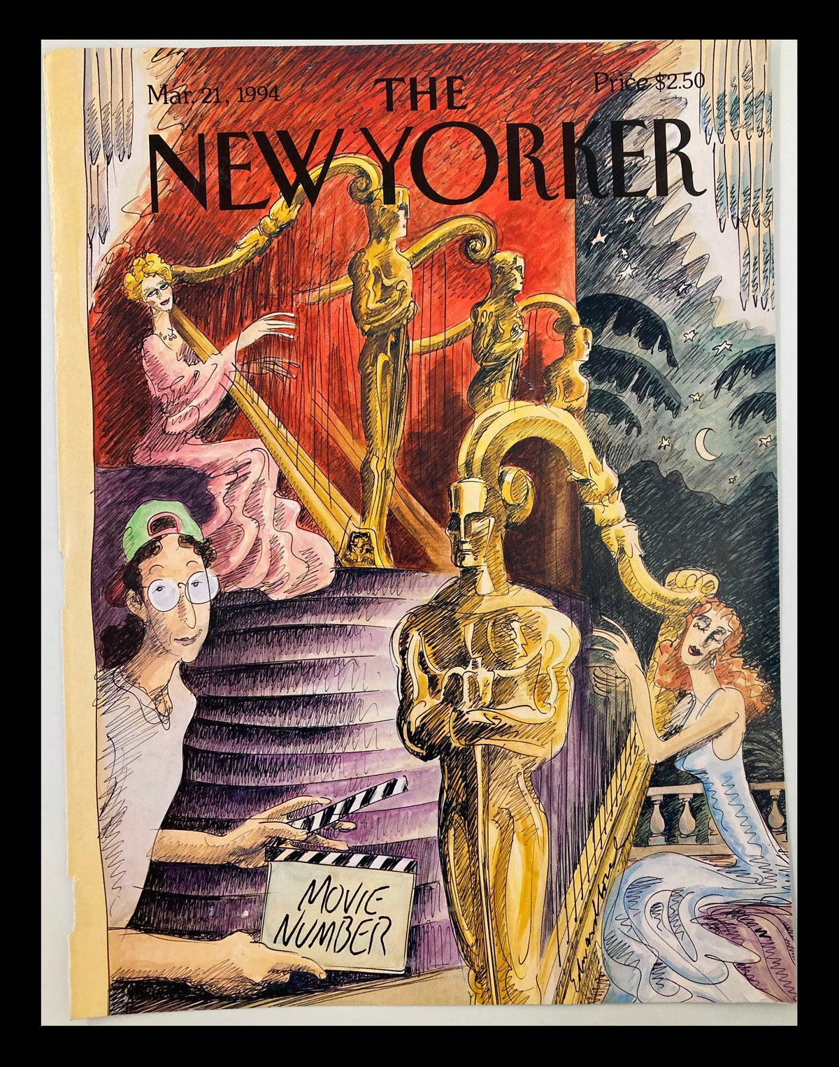 COVER ONLY The New Yorker March 21 1994 Academy Awards by Edward Sorel, featuring a colorful illustration of an Oscar statuette, glamorous women, and a film clapperboard in a theatrical setting.
