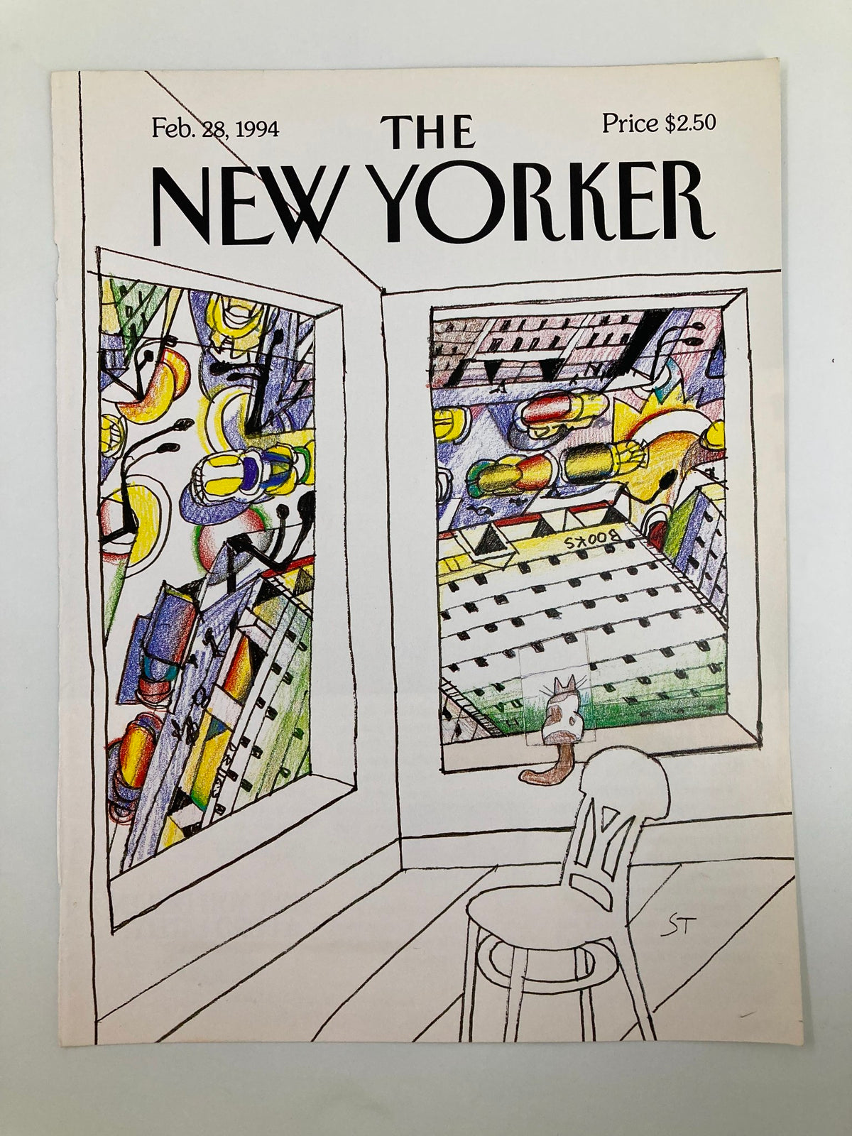 Cover of The New Yorker dated February 28, 1994, showcasing the artwork 'Looking Down' by Saul Steinberg, depicting colorful abstract scenes seen through windows and a curious cat beside a chair.