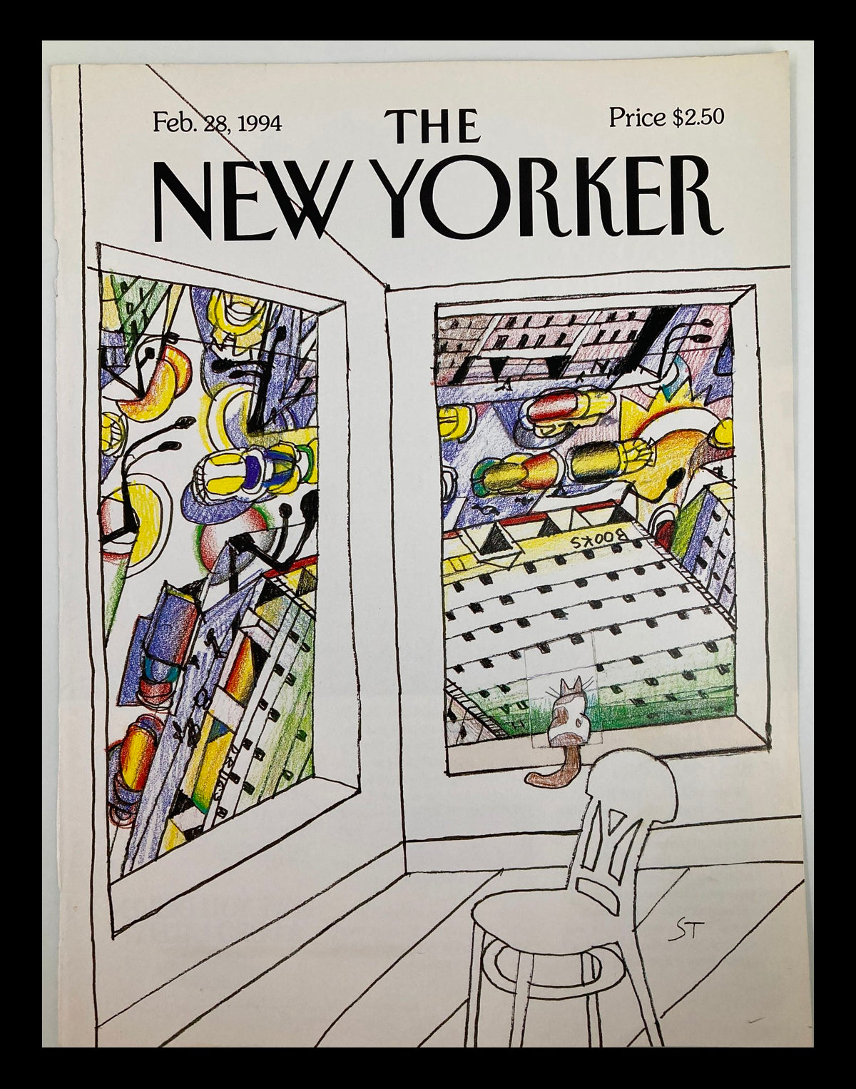 Cover of The New Yorker from February 28, 1994, titled 'Looking Down' by Saul Steinberg featuring vibrant illustrations of a room with abstract views from windows and a whimsical cat near a chair.
