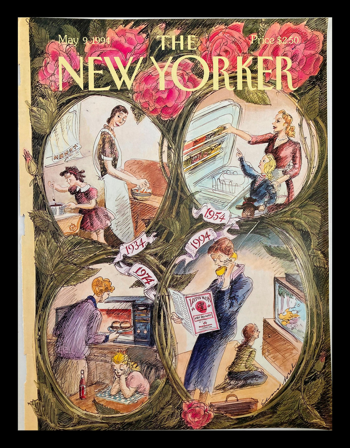 Cover of The New Yorker dated May 9, 1994, illustrated by Edward Sorel, featuring scenes of motherhood and family life with vintage flair.