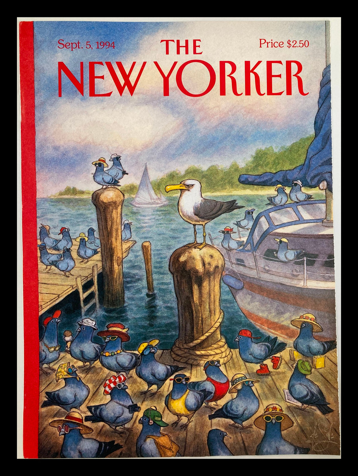 Cover of The New Yorker magazine dated September 5, 1994, illustrated by Peter de Seve, featuring colorful birds wearing hats and sunglasses on a dock, with a boat and sailboats in the background.