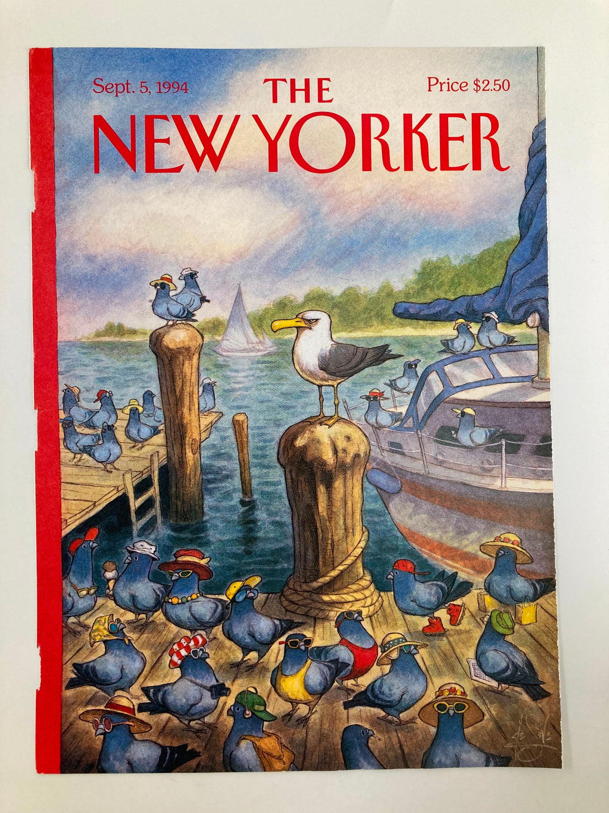 Cover of The New Yorker magazine, September 5, 1994, illustrated by Peter de Seve, depicting playful birds in hats on a dock near a boat and lake, emphasizing a summer theme.