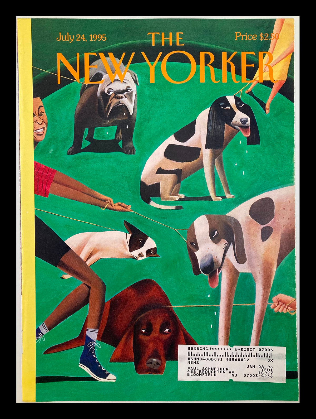 COVER ONLY The New Yorker July 24 1995 Dog Days by Mark Ulriksen featuring colorful artwork of various dogs, highlighting summer leisure and pet companionship.