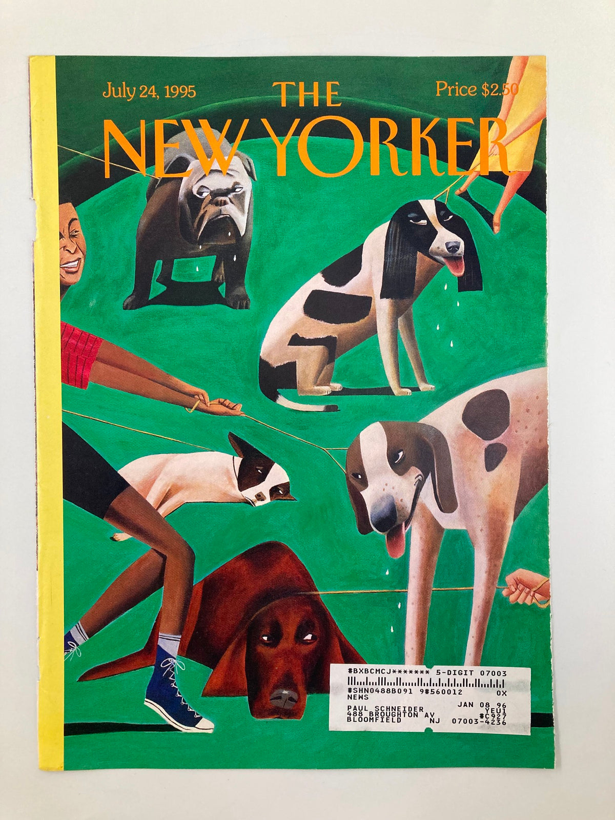 COVER ONLY The New Yorker July 24 1995 Dog Days by Mark Ulriksen showcasing vibrant illustrations of dogs against a green background, celebrating the essence of 'Dog Days' in summer.