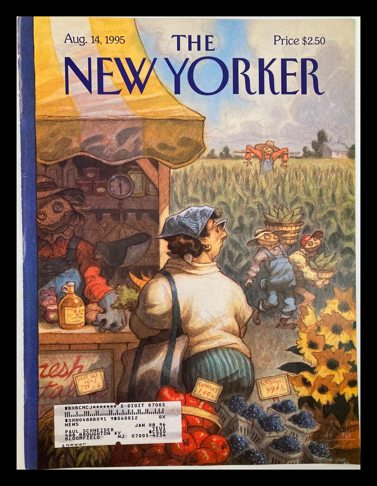 Cover of The New Yorker dated August 14, 1995, titled 'Bumper Crop' by Peter de Seve, showcasing a farmer's market scene with colorful fruits and vegetables.