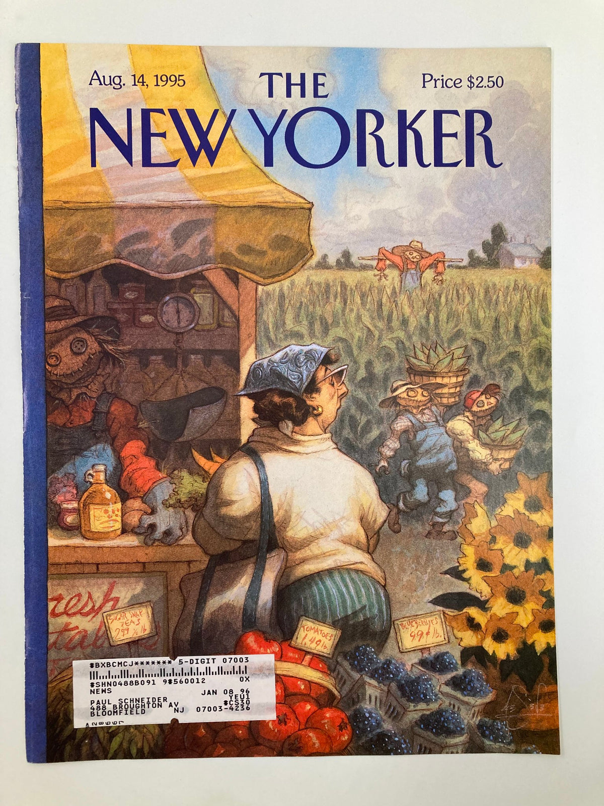 The New Yorker August 14, 1995 cover featuring 'Bumper Crop' by Peter de Seve, illustrating a whimsical market with a woman shopping surrounded by fresh produce.