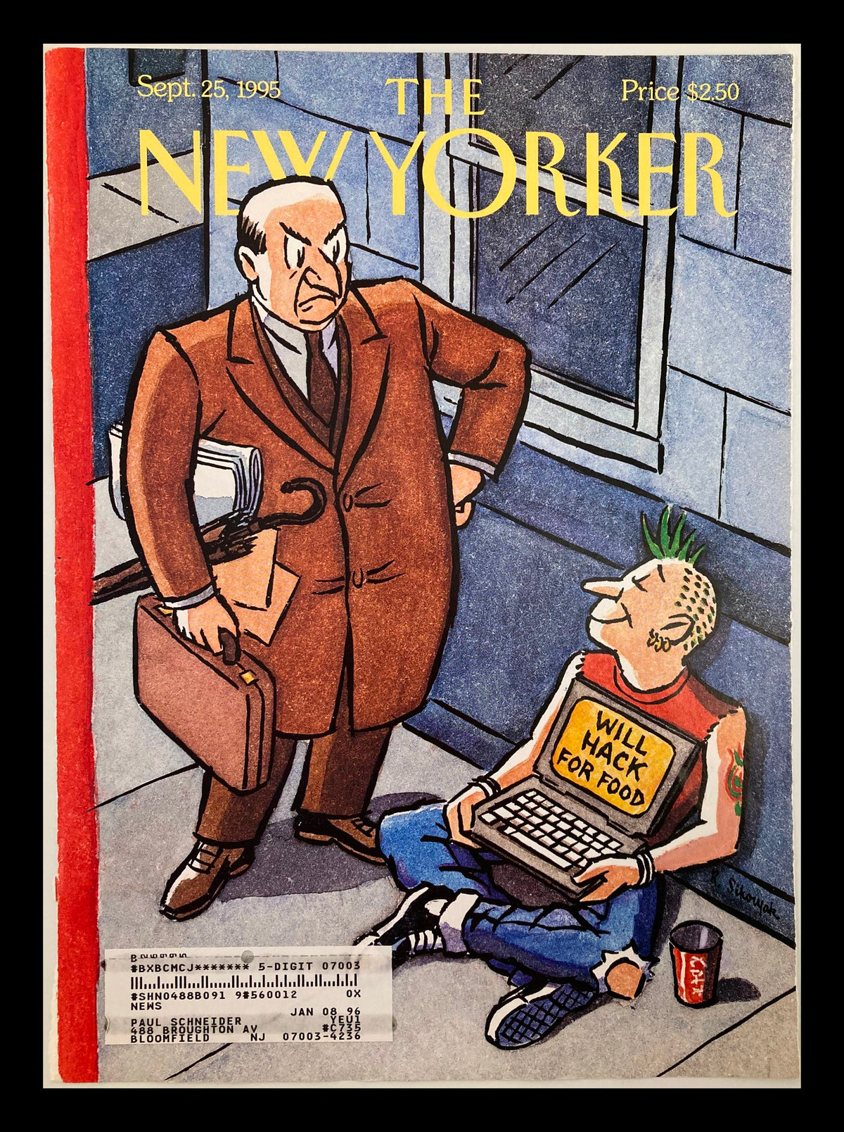 Cover of The New Yorker magazine dated September 25, 1995, featuring the illustration 'Hacking It' by R. Sikoryak, depicting a man in a suit alongside a punk character with a laptop that says 'WILL HACK FOR FOOD'.