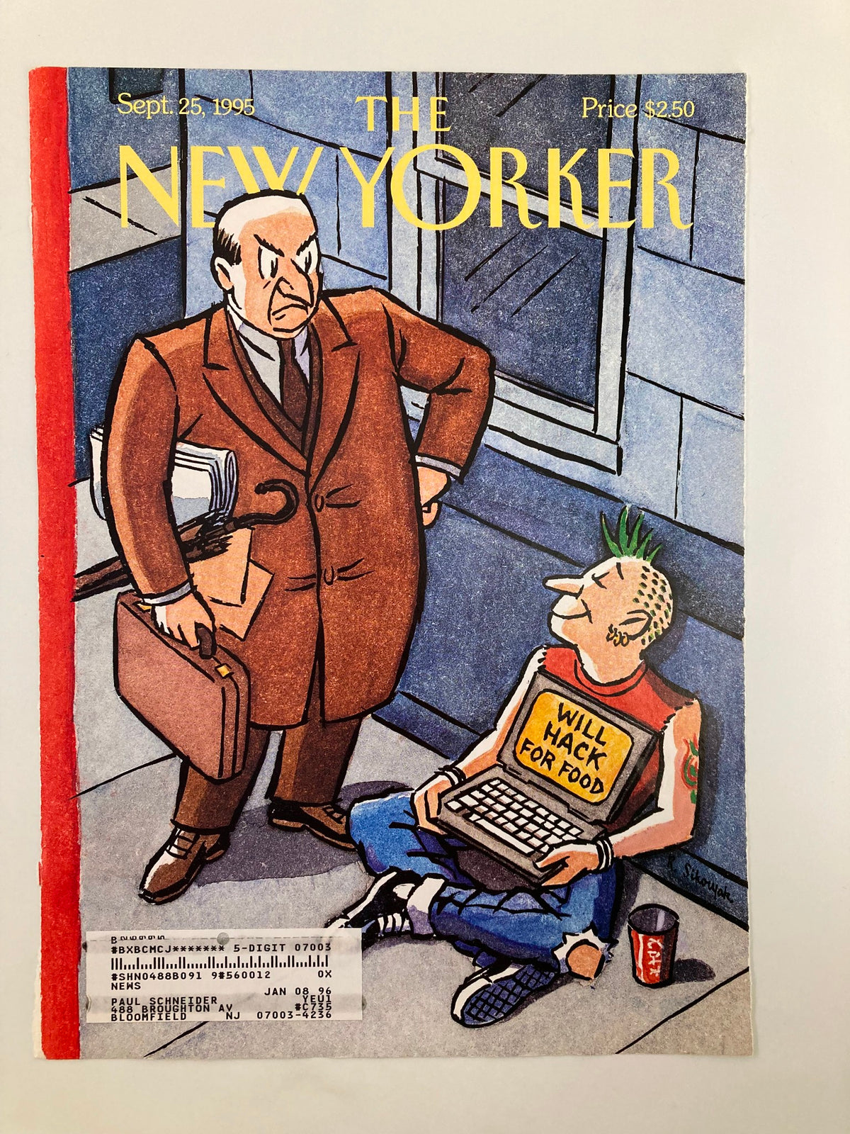 Cover of The New Yorker magazine from September 25, 1995, featuring a cartoon illustration titled 'Hacking It' by R. Sikoryak, depicting a businessman in a suit confronting a punk-style individual holding a laptop with a sign that reads 'WILL HACK FOR FOOD'.