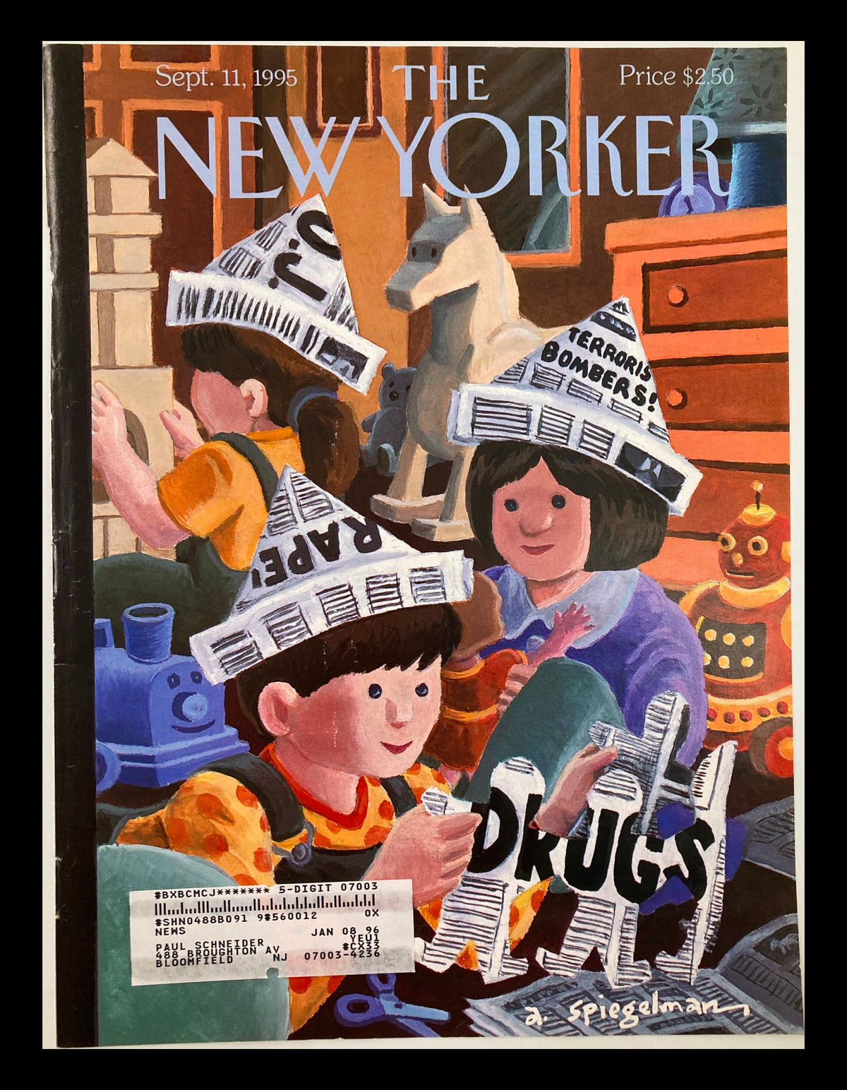 Cover of The New Yorker September 11, 1995, titled 'News R Us' by Art Spiegelman, featuring children playing with newspaper hats and toys, reflecting a vibrant and nostalgic illustration.