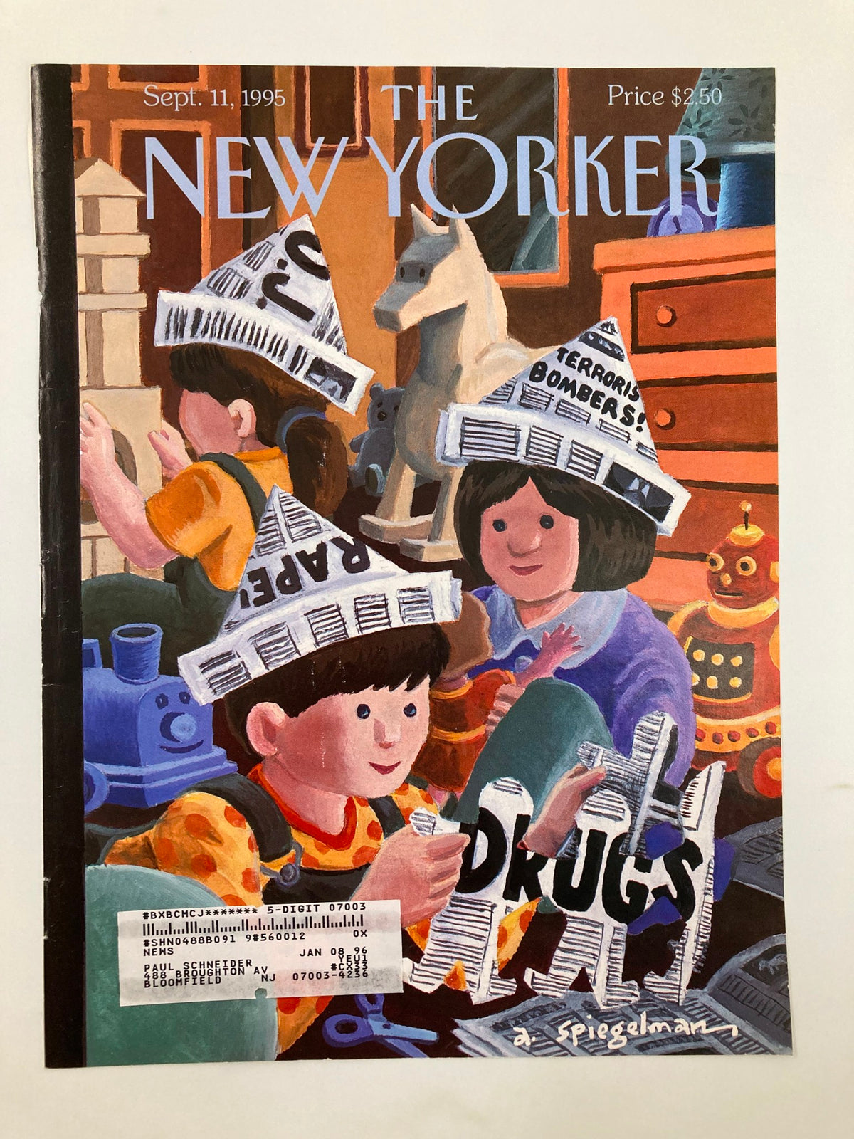 Cover of The New Yorker from September 11, 1995, titled 'News R Us' by Art Spiegelman, depicting kids with newspaper hats in a playful setting with toys, showcasing a colorful and engaging design.