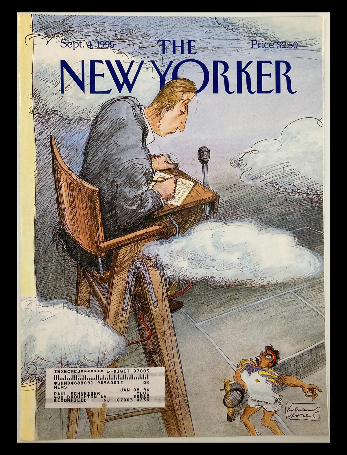 Cover of The New Yorker magazine dated September 4, 1995, featuring the illustration 'The Last Judgement' by E. Sorel, depicting a man writing at a desk with clouds and a comically startled figure below.