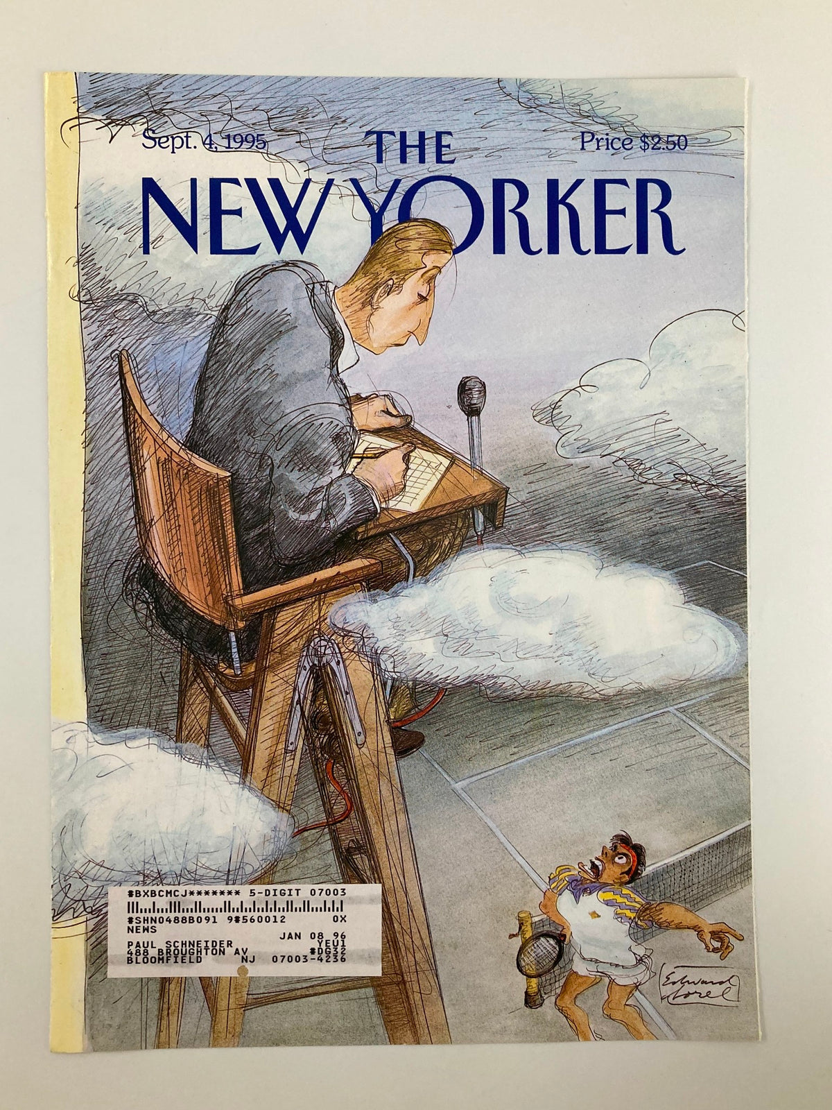 The New Yorker magazine cover from September 4, 1995, showcasing 'The Last Judgement' by E. Sorel, illustrating a writer at a desk with whimsical clouds and a surprised character in a tennis outfit.
