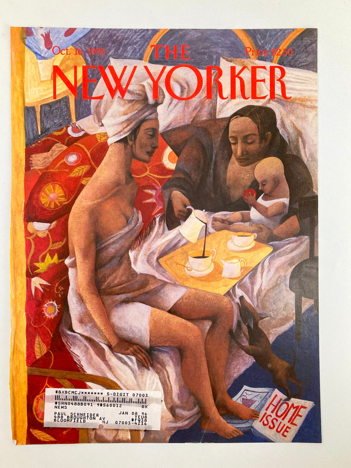 The New Yorker cover from October 16, 1995, titled 'Where the Heart Is' by A. Juan, depicting a mother and child in a cozy indoor setting, accompanied by a small dog, emphasizing themes of home and family.