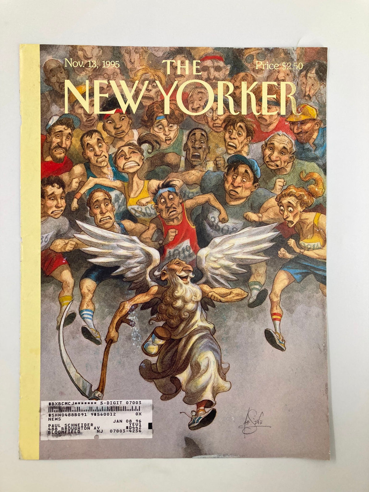 The New Yorker November 13 1995 cover titled 'Race Against Time' by Peter S, depicting a whimsical scene with a winged character among diverse animated spectators, reflecting the magazine's artistic expression and cultural commentary.