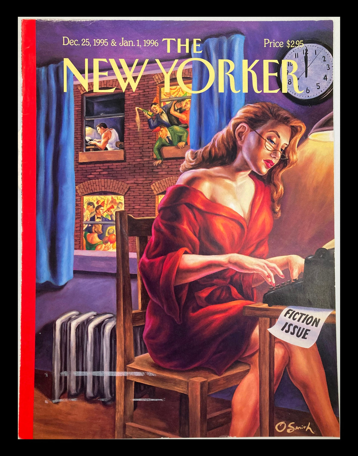 Cover of The New Yorker dated December 25, 1995, featuring artwork titled 'The Writing Life' by Owen Smith, depicting a woman in a red robe typing on a vintage typewriter with a 'Fiction Issue' note.