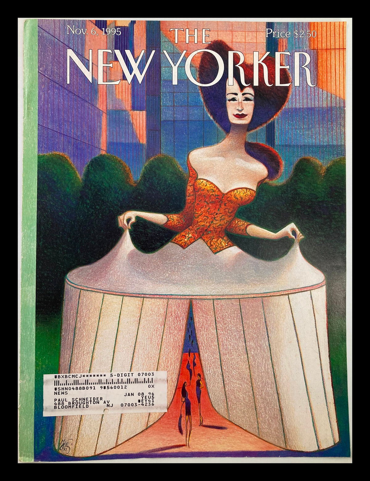 Cover only from The New Yorker dated November 6, 1995, featuring a fashion show illustration by Lorenzo Mattotti, showcasing vibrant colors and intricate details in a vintage magazine format.