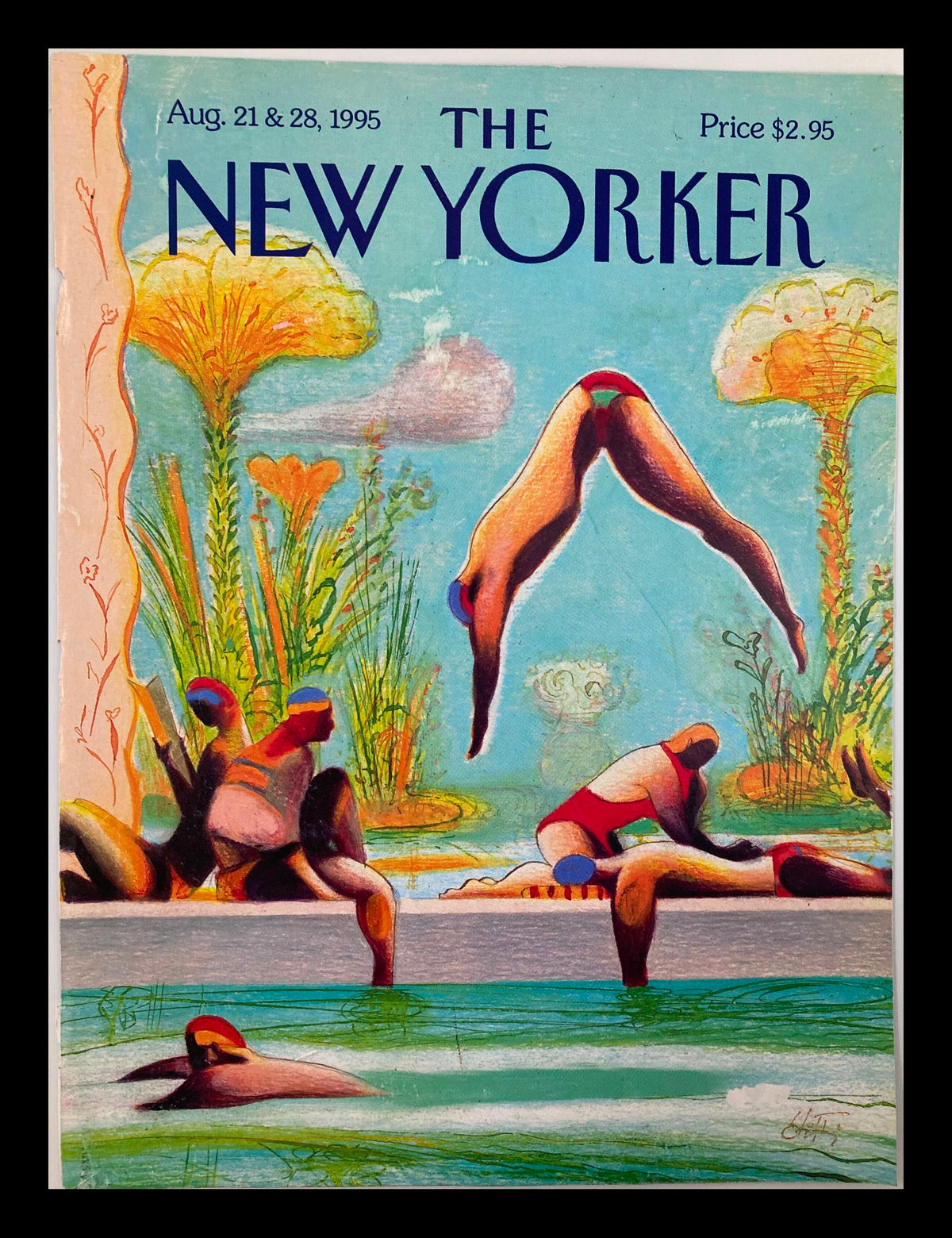 Cover of The New Yorker, August 21, 1995, featuring a vibrant illustration by Lorenzo Mattotti depicting figures diving and relaxing by a pool surrounded by colorful plants.
