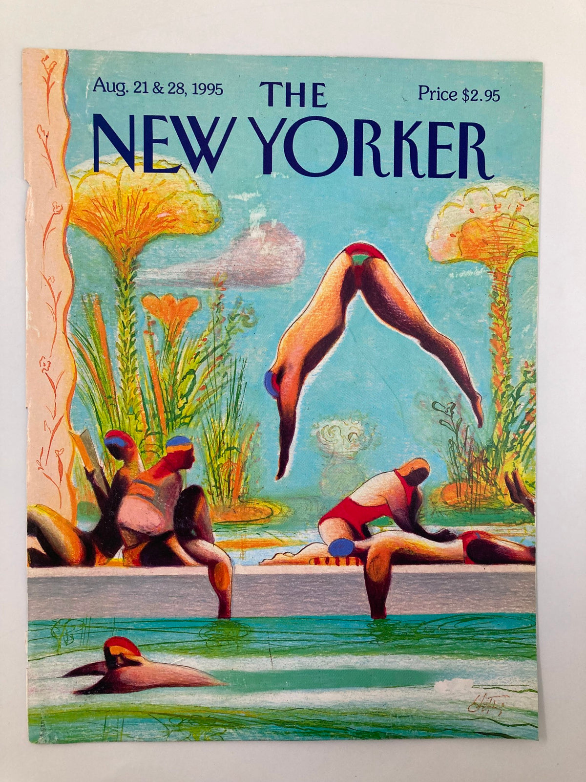 Cover of The New Yorker, August 21, 1995, showcasing an artistic design by Lorenzo Mattotti, portraying swimmers and divers in a lively aquatic scene with floral accents.