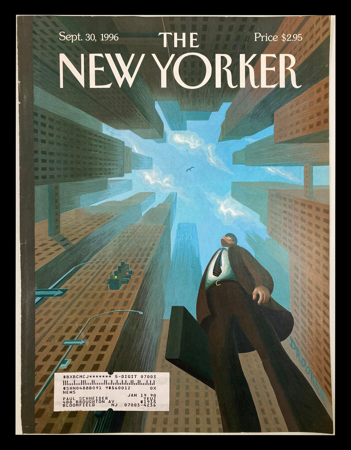 The New Yorker cover from September 30, 1996, titled 'Looking Up' by Eric Drooker, featuring a surreal perspective of towering city skyscrapers and a lone figure looking upward, embodying a unique mix of art and social commentary.