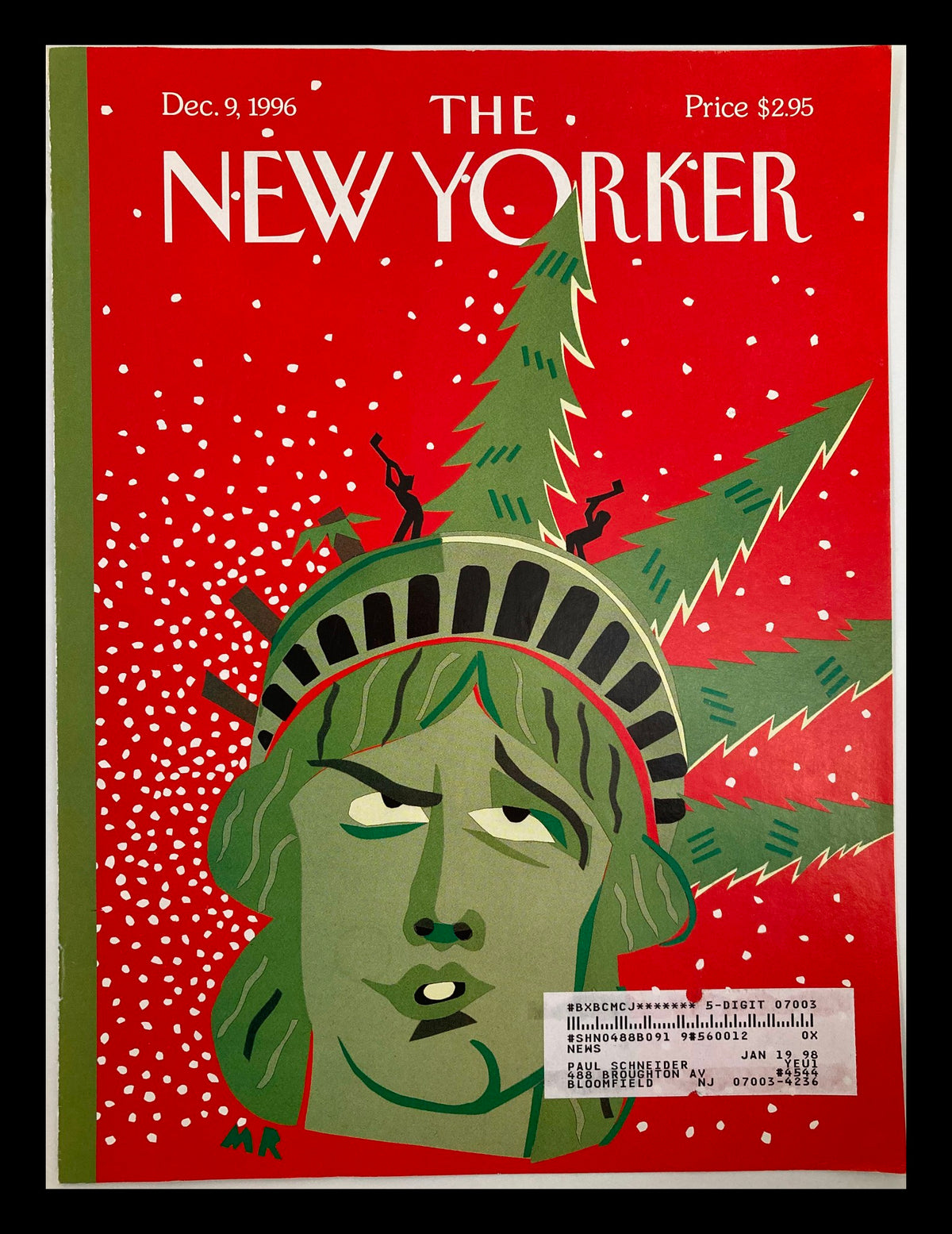 Cover of The New Yorker December 9 1996 titled Christmas Chopping featuring a stylized depiction of Lady Liberty surrounded by festive holiday decorations.