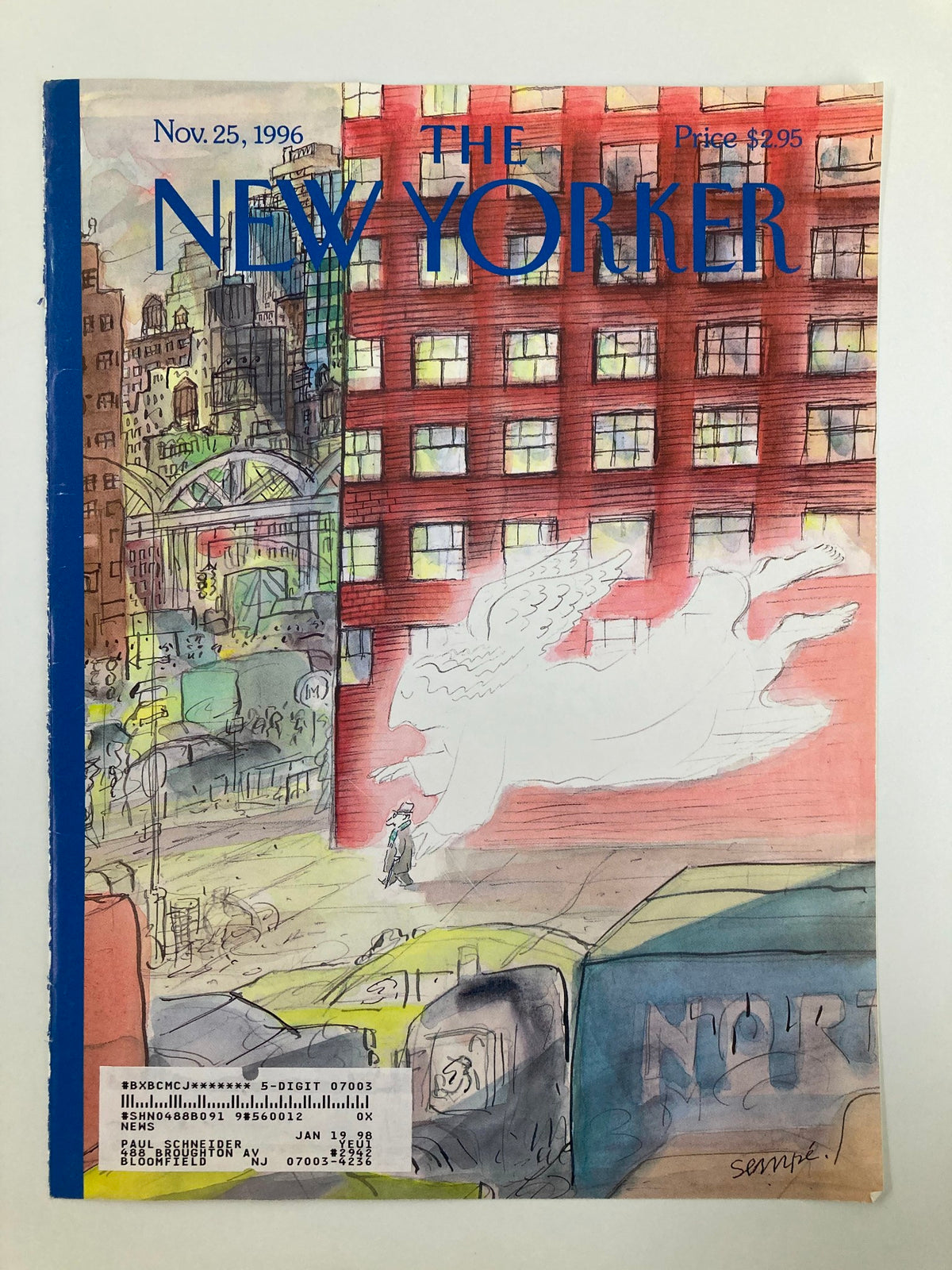 The New Yorker cover from November 25, 1996, highlighting J.J. Sempe's 'Guardian Angel' artwork, depicting a vibrant urban landscape with a translucent angel.