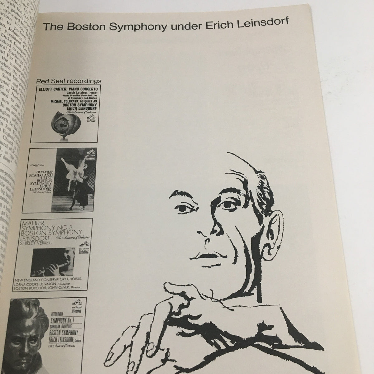 Interior page of the 1967 Philharmonic Hall Lincoln Center Present The Master Virtuosi of New York, featuring an illustration of conductor Erich Leinsdorf and advertisements for Red Seal recordings.