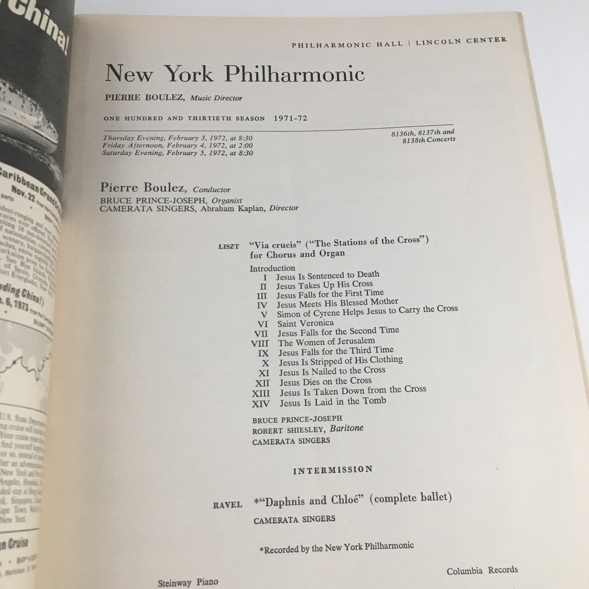 Cover of the program for the 1971 Philharmonic Hall Lincoln Center presenting The Stations of the Cross Opera, featuring details about the performance and artist Pierre Boulez.