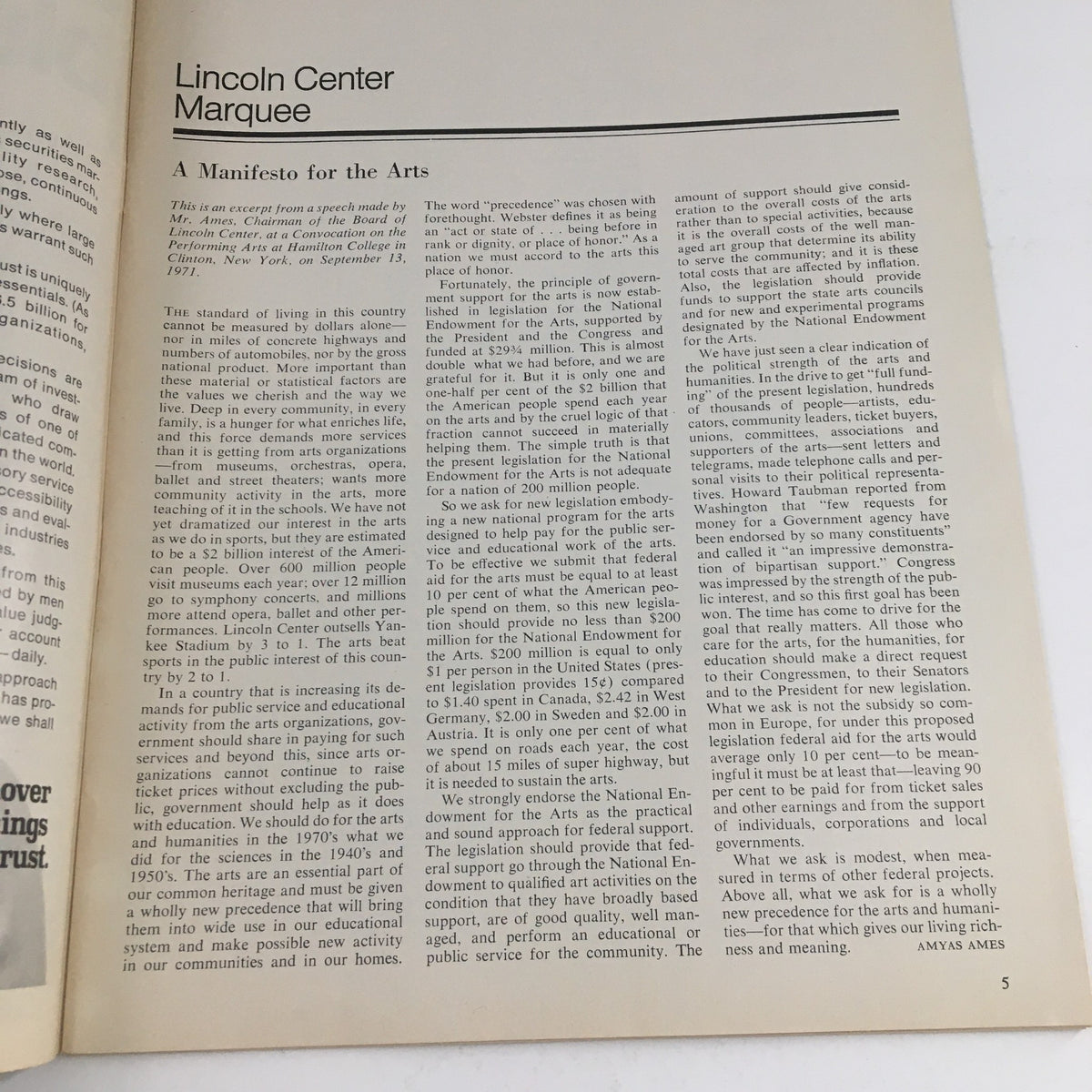 Page five of the 1971 Philharmonic Hall Lincoln Center program, featuring a manifesto for the arts with text discussing cultural standards.