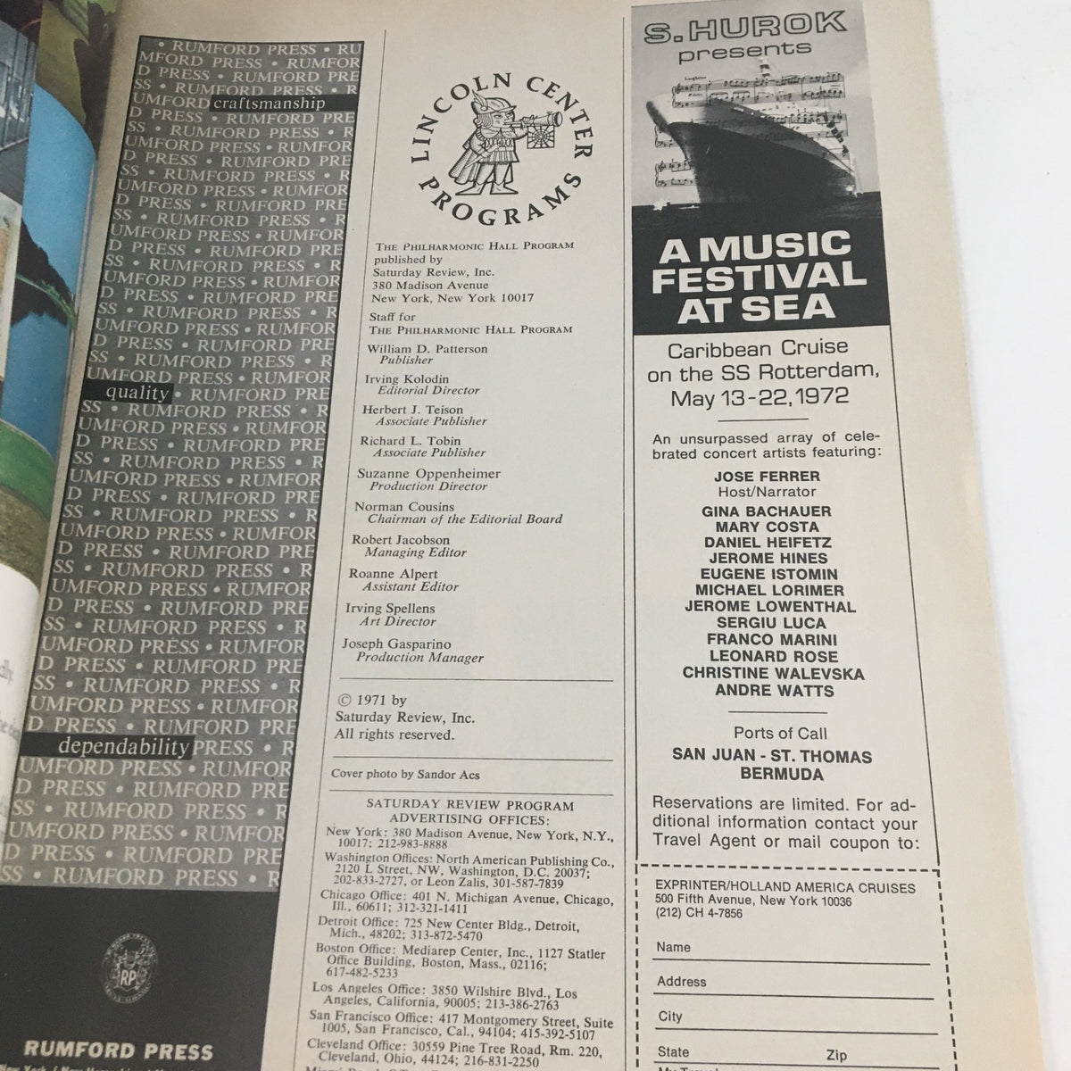 An informative page from the 1971 Philharmonic Hall Lincoln Center program detailing a music festival at sea featuring various artists.