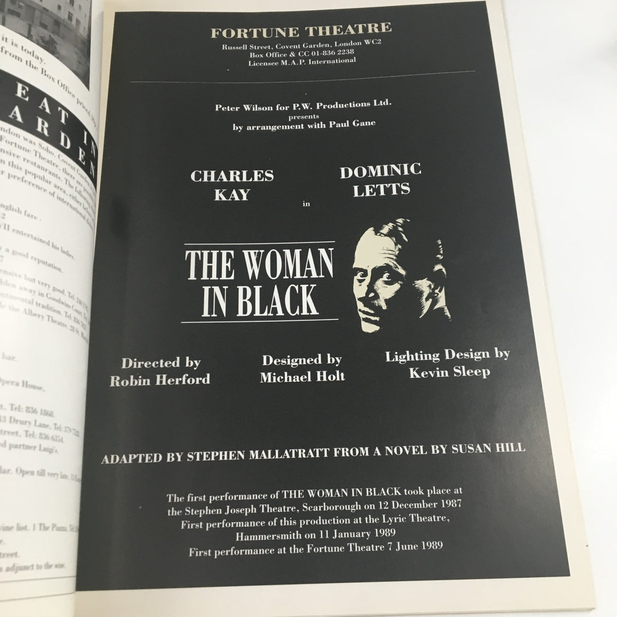 1989 Fortune Theatre program for 'The Woman in Black' featuring Charles Kay and Dominic Letts, directed by Robin Herford, showcasing cast and production details in a black and white format.