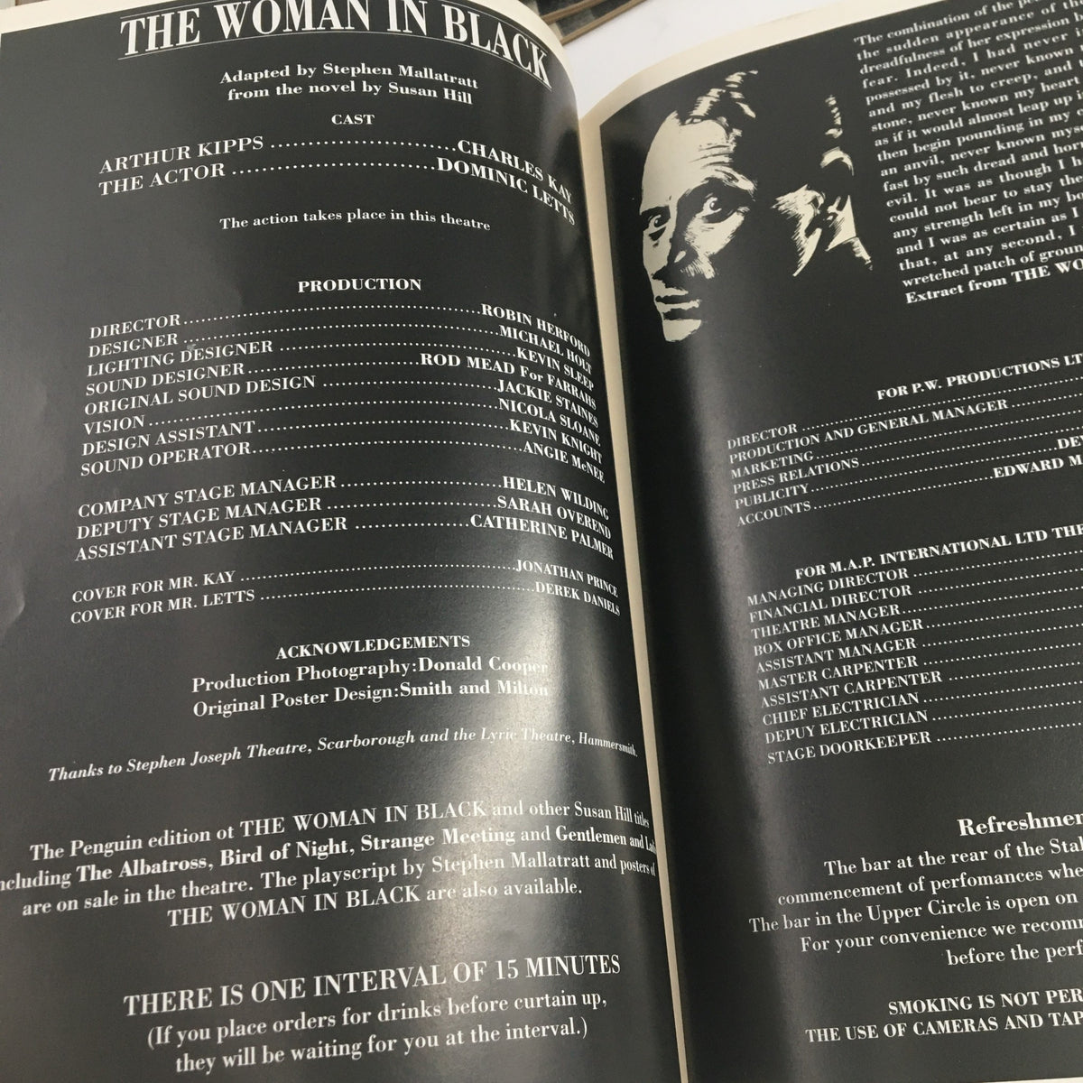 Detailed page from the 1989 'The Woman in Black' program at Fortune Theatre, highlighting cast members Charles Kay and Dominic Letts, along with production team credits.