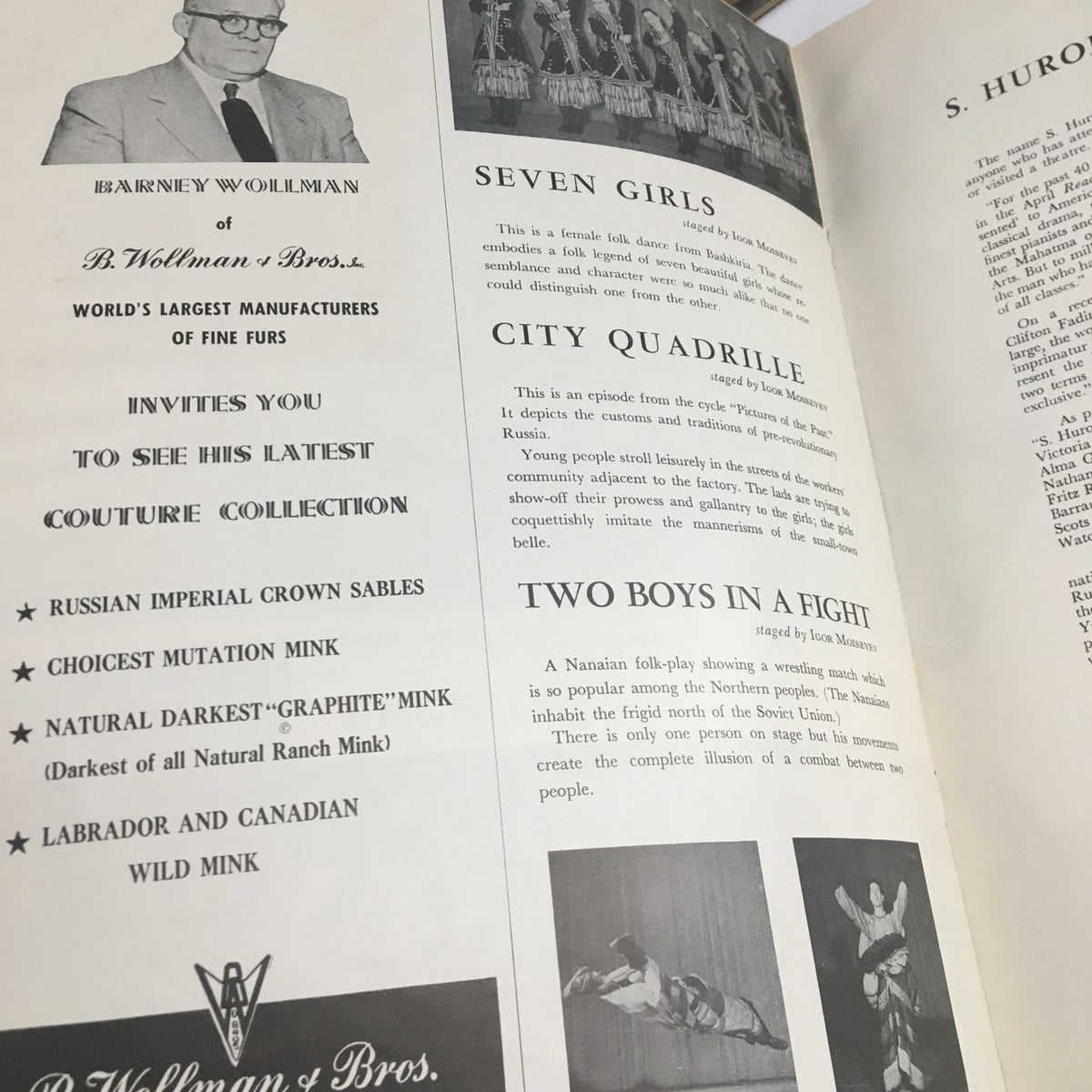 Inside promotional page from 1965 S. Hurok Presents Moiseyev Dance Company showcasing various performances and designers.